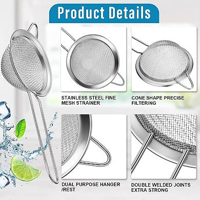 9-Pack Stainless Steel Fine Mesh Cocktail Strainers for Juice, Tea, Coffee, Herbs - 3.2" Long Handle