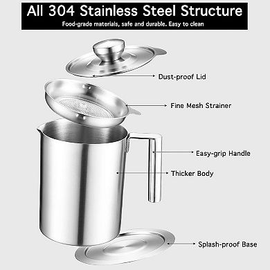 1.8L Stainless Steel Grease Strainer & Container with Lid & Handle For Oil Storage & Frying