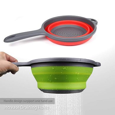 2-Pack Foldable Silicone Colanders with Handles Space-Saving Pasta & Veggie Strainers (Green & Red