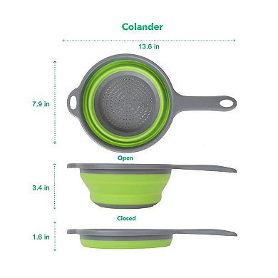 2-Pack Foldable Silicone Colanders with Handles Space-Saving Pasta & Veggie Strainers (Green & Red