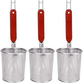 3-Pack Stainless Steel Mesh Basket with Wooden Handle for Pasta, Noodles, Dumplings