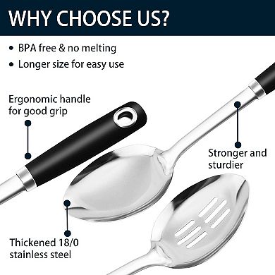 14" Stainless Steel Cooking Spoon Set, Heavy Duty Slotted & Soup Ladle, 3-Piece