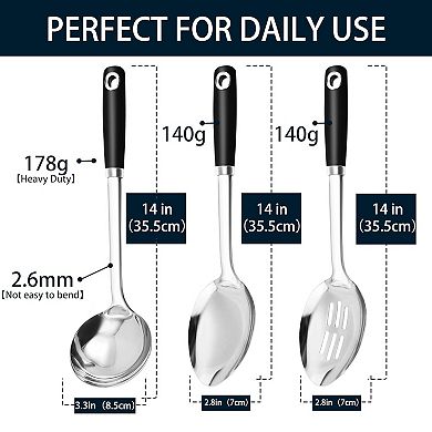 14" Stainless Steel Cooking Spoon Set, Heavy Duty Slotted & Soup Ladle, 3-Piece