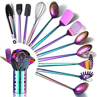 13 pc Rainbow Stainless Steel Kitchen Utensil Set with Holder, Dishwasher Safe