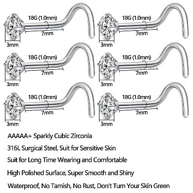 6 Piece Nose Stud Set 18G