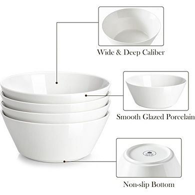 White Porcelain Deep Soup & Cereal Bowls Set of 4, Microwave & Dishwasher Safe