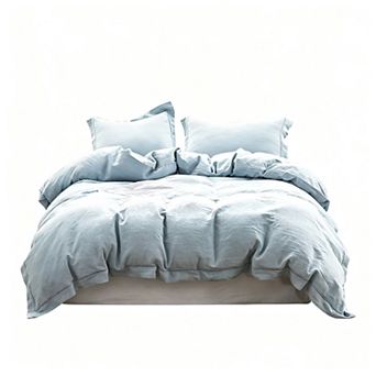 Washed Linen Bedding Set, King Size, 3 Pieces, Embroidered, Farmhouse Style