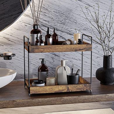 2-Tier Bathroom Counter Organizer, Wood Kitchen Countertop Spice Rack