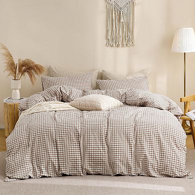 Washed cotton plaid 3-piece duvet cover set, queen size, soft, colorfast