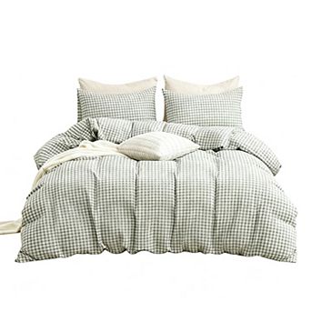 Washed cotton plaid 3 pc duvet cover set, queen size, soft, colorfast