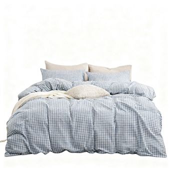 Washed cotton plaid 3 pc duvet cover set, queen size, soft, colorfast