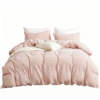 Washed cotton plaid 3 pc duvet cover set, queen size, soft, colorfast