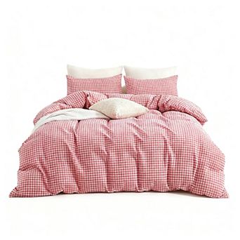 Washed cotton plaid 3 pc duvet cover set, queen size, soft, colorfast