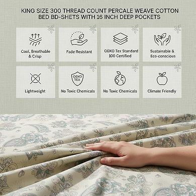 300 Thread Count Cotton Percale Sheet Set 16in Deep Pocket Breathable Hotel Quality Bedding