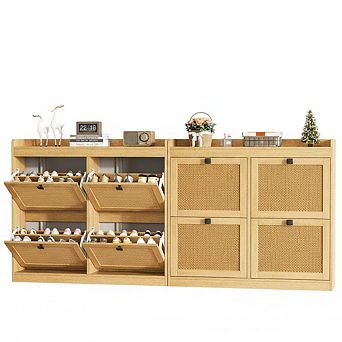 4 Flip Drawers Shoe Storage Cabinet Set of 2, Natural Wood Color
