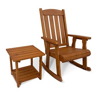 Fortune Candy Wooden Rocking Chair with Side Table Set for Porch, Patio and Backyard, Teak Tone