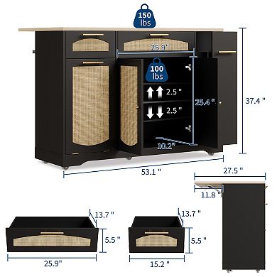 53.1" Rattan Kitchen Island with Storage