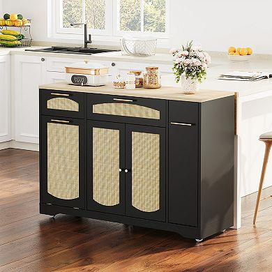 53.1" Rattan Kitchen Island with Storage