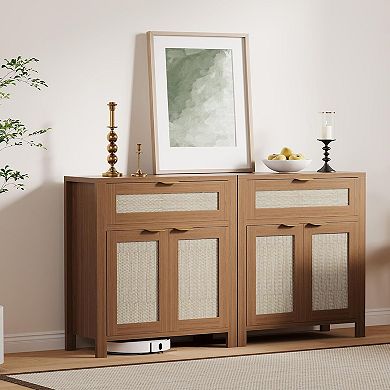 Set of 2 Rattan Buffet Cabinet with Storage