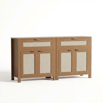 Set of 2 Rattan Buffet Cabinet with Storage