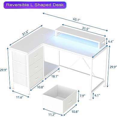 L Shaped Computer Desk with Power Outlets & LED Lights