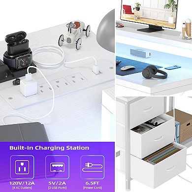 L Shaped Computer Desk with Power Outlets & LED Lights