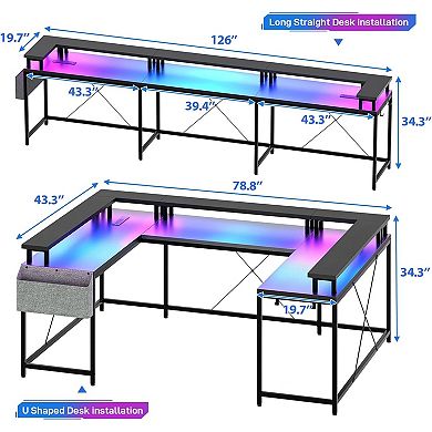 79" U-Shaped Computer Desk With Power Outlets & RGB LED Lights