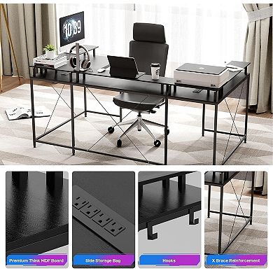 79" U-Shaped Computer Desk With Power Outlets & RGB LED Lights
