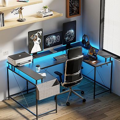 79" U-Shaped Computer Desk With Power Outlets & RGB LED Lights