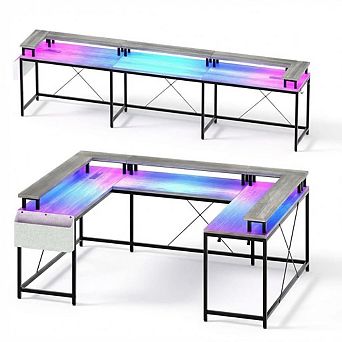 79" U-Shaped Computer Desk With Power Outlets & RGB LED Lights
