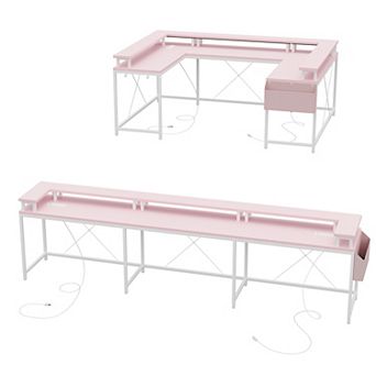 79" U-Shaped Computer Desk With Power Outlets & RGB LED Lights