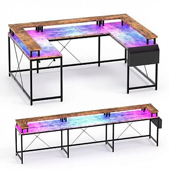 79" U-Shaped Computer Desk With Power Outlets & RGB LED Lights