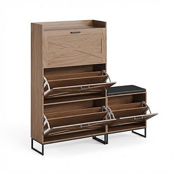 4 Flip Drawers Farmhouse Shoe Cabinet with Bench
