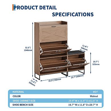 4 Flip Drawers Farmhouse Shoe Cabinet with Bench