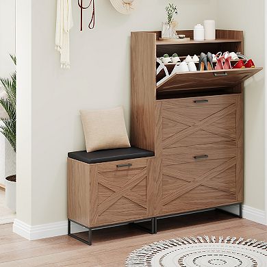 4 Flip Drawers Farmhouse Shoe Cabinet with Bench