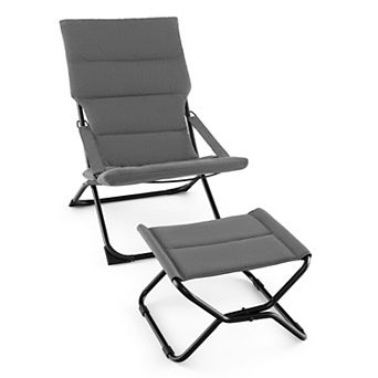 Patio Folding Sling Chair With Ottoman and Removable Cushion