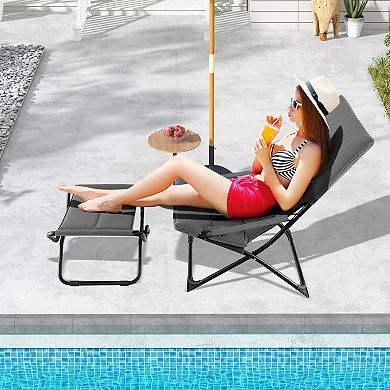 Patio Folding Sling Chair With Ottoman and Removable Cushion