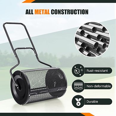 24 Inch Peat Moss Spreader with 2.7 Cu Ft Mesh Drum and U Shaped Handle