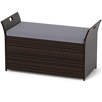 Outdoor Storage Bench with Cushion Hand Woven PE Rattan Wicker
