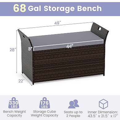 Outdoor Storage Bench with Cushion Hand Woven PE Rattan Wicker