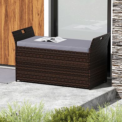 Outdoor Storage Bench with Cushion Hand Woven PE Rattan Wicker