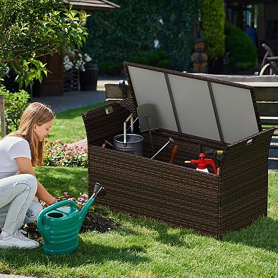 Outdoor Storage Bench with Cushion Hand Woven PE Rattan Wicker