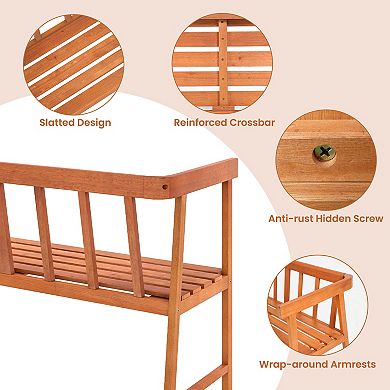 Eucalyptus Wood Outdoor Bench with Armrests and Slatted Back
