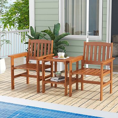 Patio Bistro Table and Chairs Set with Umbrella Hole Wood Frame
