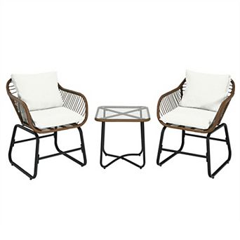 3 pc Patio Bistro Set with Cushioned Rattan Chairs and Glass Table