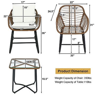 3 Piece Patio Bistro Set with Cushioned Rattan Chairs and Glass Table