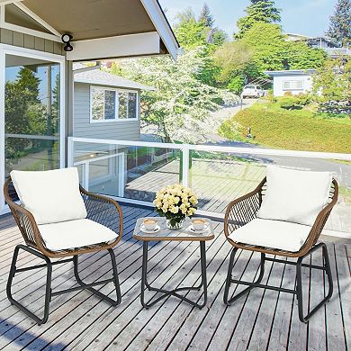 3 Piece Patio Bistro Set with Cushioned Rattan Chairs and Glass Table