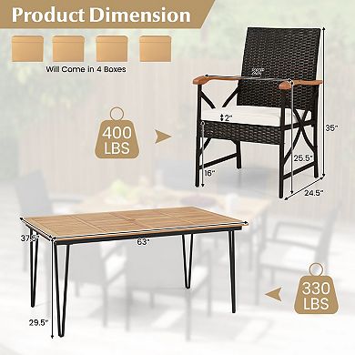 7 Piece Patio Dining Set with Acacia Wood Table and Cushioned Wicker Chairs