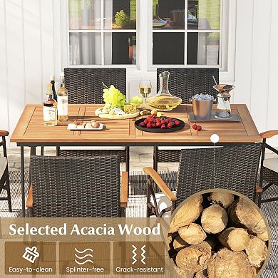 7 Piece Patio Dining Set with Acacia Wood Table and Cushioned Wicker Chairs