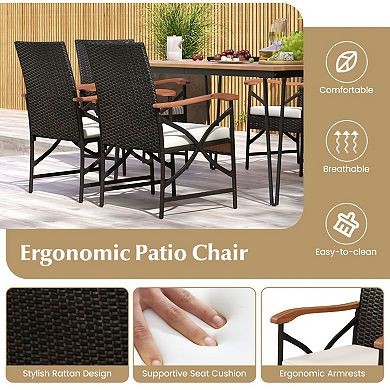 7 Piece Patio Dining Set with Acacia Wood Table and Cushioned Wicker Chairs